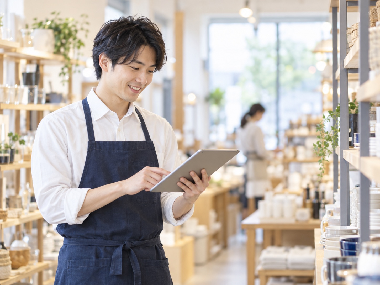 店舗の売り場でタブレットの在庫を確認する店長