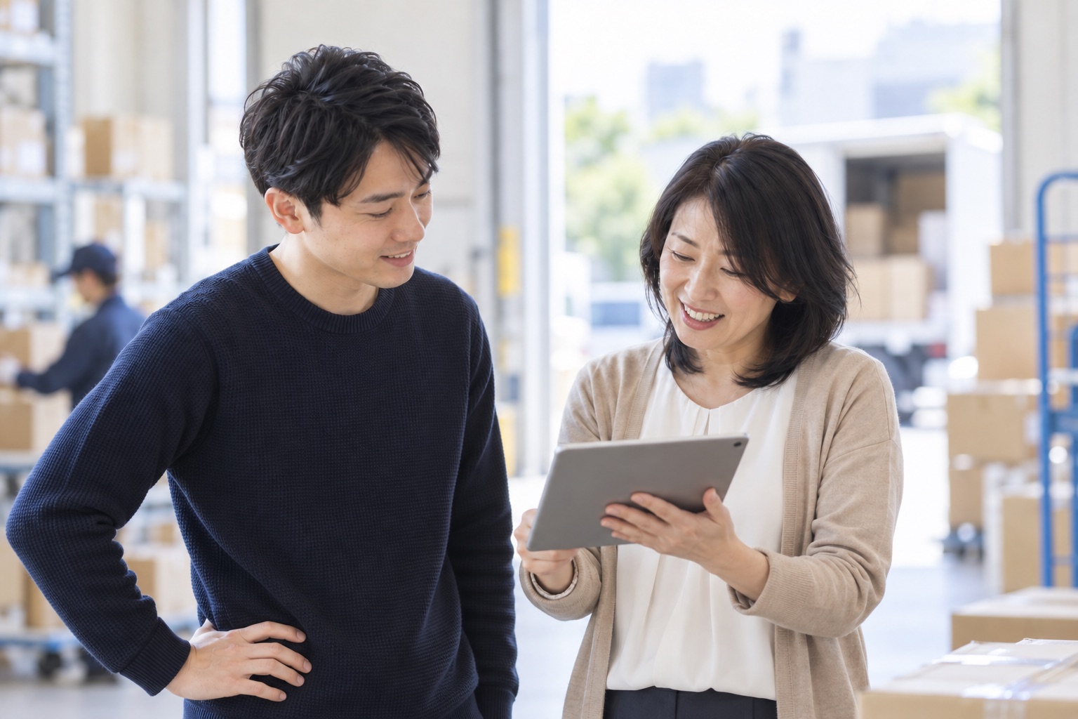 物流の現場で新しいシステムをタブレットで使い始めたお客様と担当者